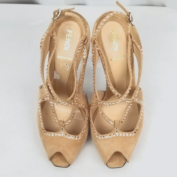 Fendi Beige Crystals Sandals Heels Pumps size 37.5 - Picture 2 of 11